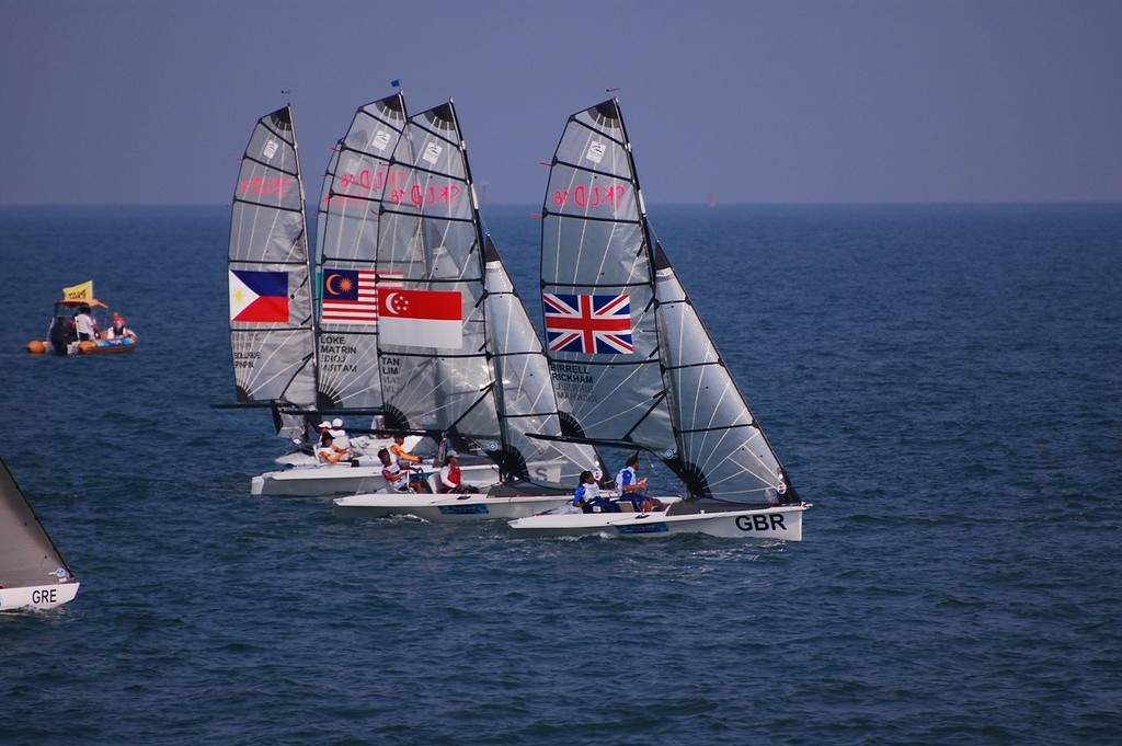 Action in the Skud 18 class on the Day 4 - Nick Scandone and Maureen Mckinnon-Tucker (USA) led around every mark in both races.  © Dan Tucker http://sailchallengeinspire.org/